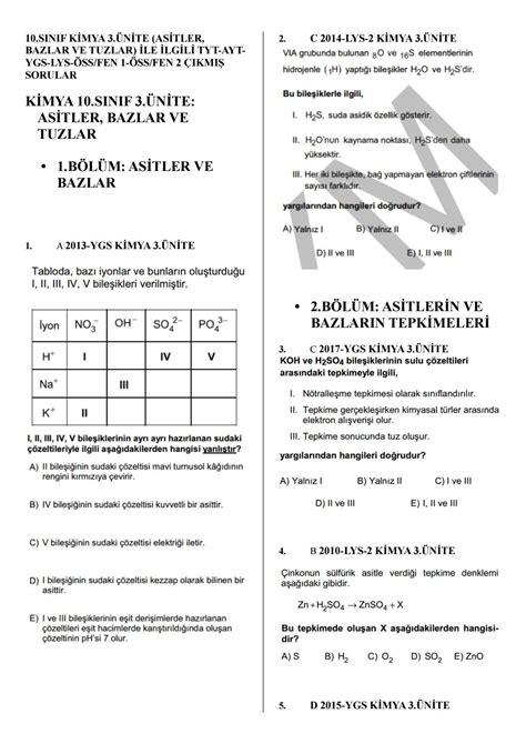 AYT Kimya Anorganik Kimya Soruları ve Çözümleri